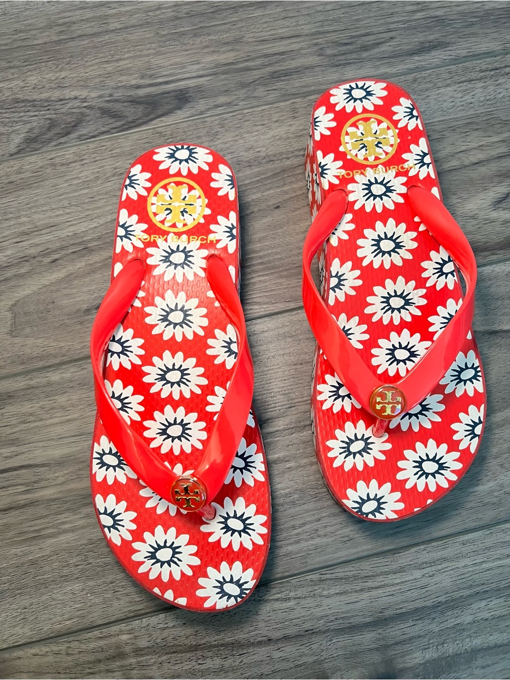 Tory Burch Daisy Floral Platform Flip Flops Pink Red Wedge Sandals Women’s 8